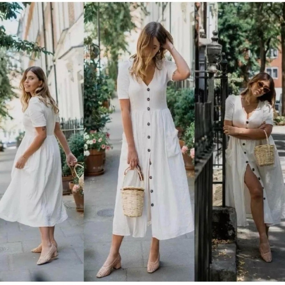 Zara White Button-Front Midi Dress